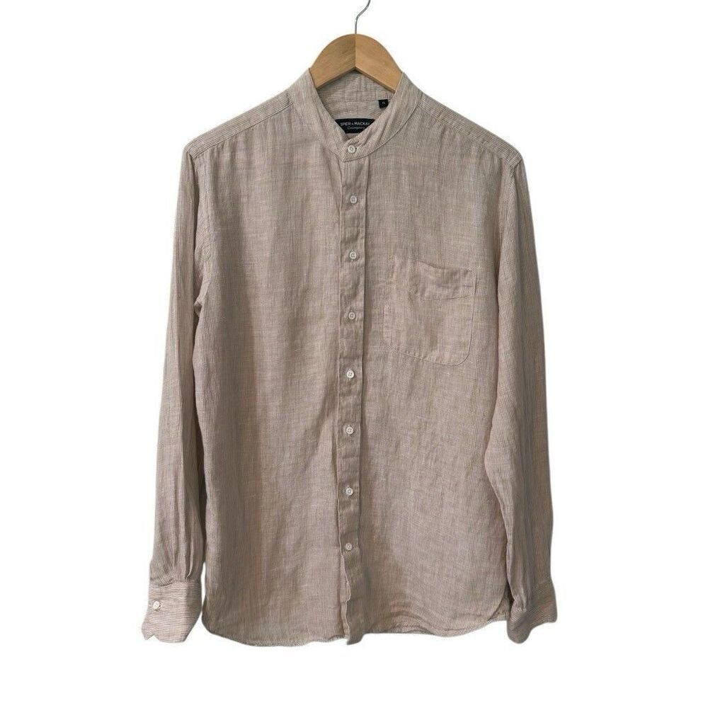 Spier & Mackay Contemporary Shirt Mens 15 Linen Button Down Striped Beige